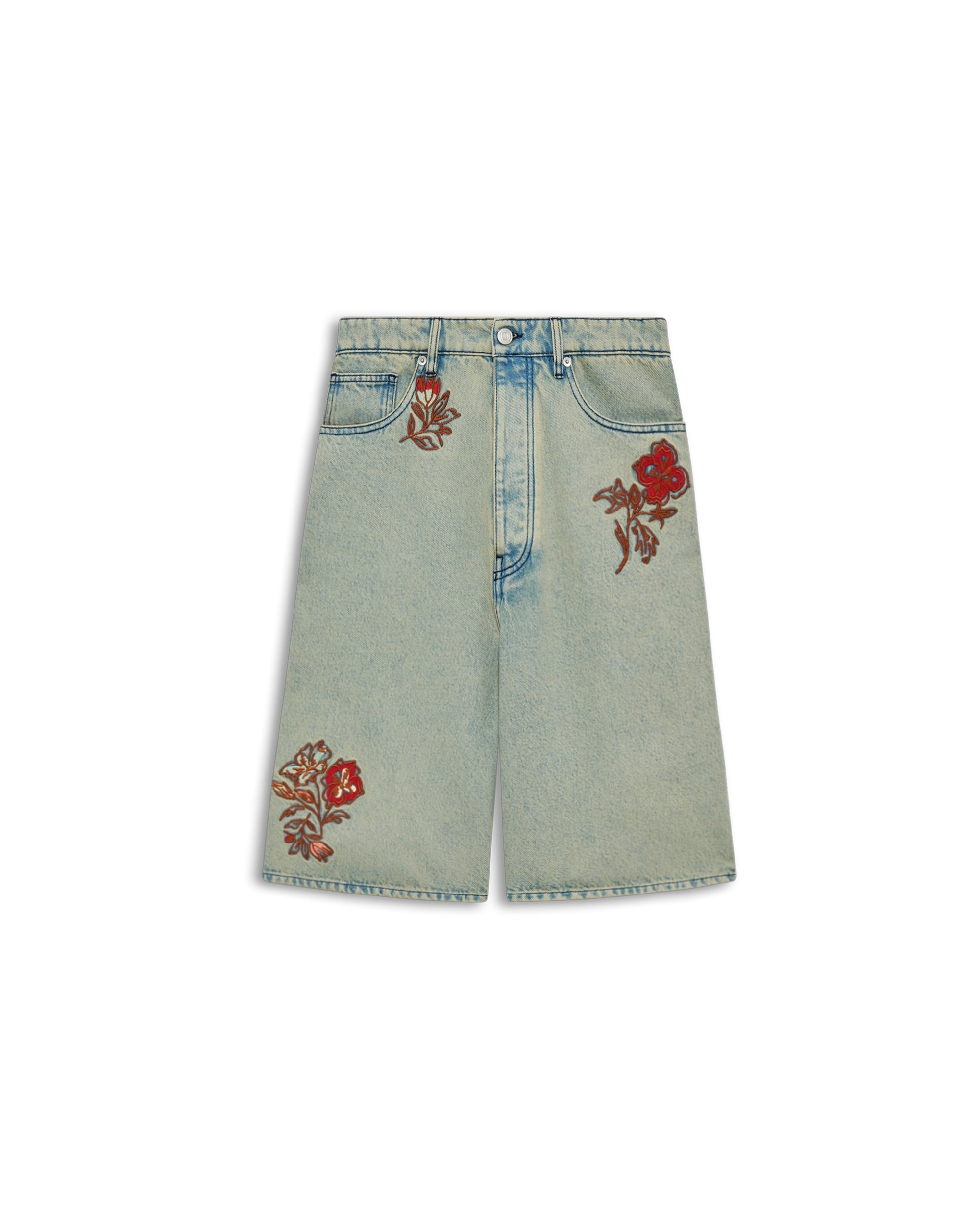 Dusty denim shorts embroidered with flowers in cotton – Drôle de