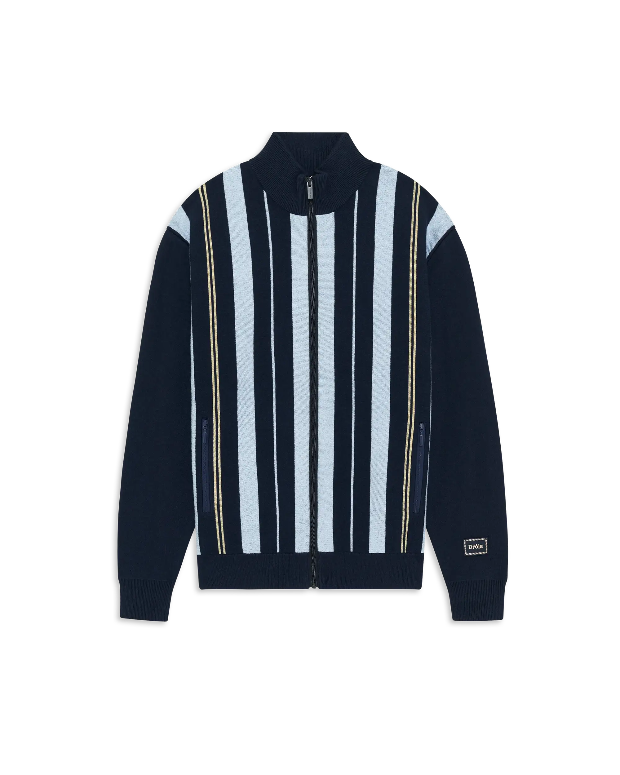 Navy blue striped wool and cotton zip-up knit jacket – Drôle de