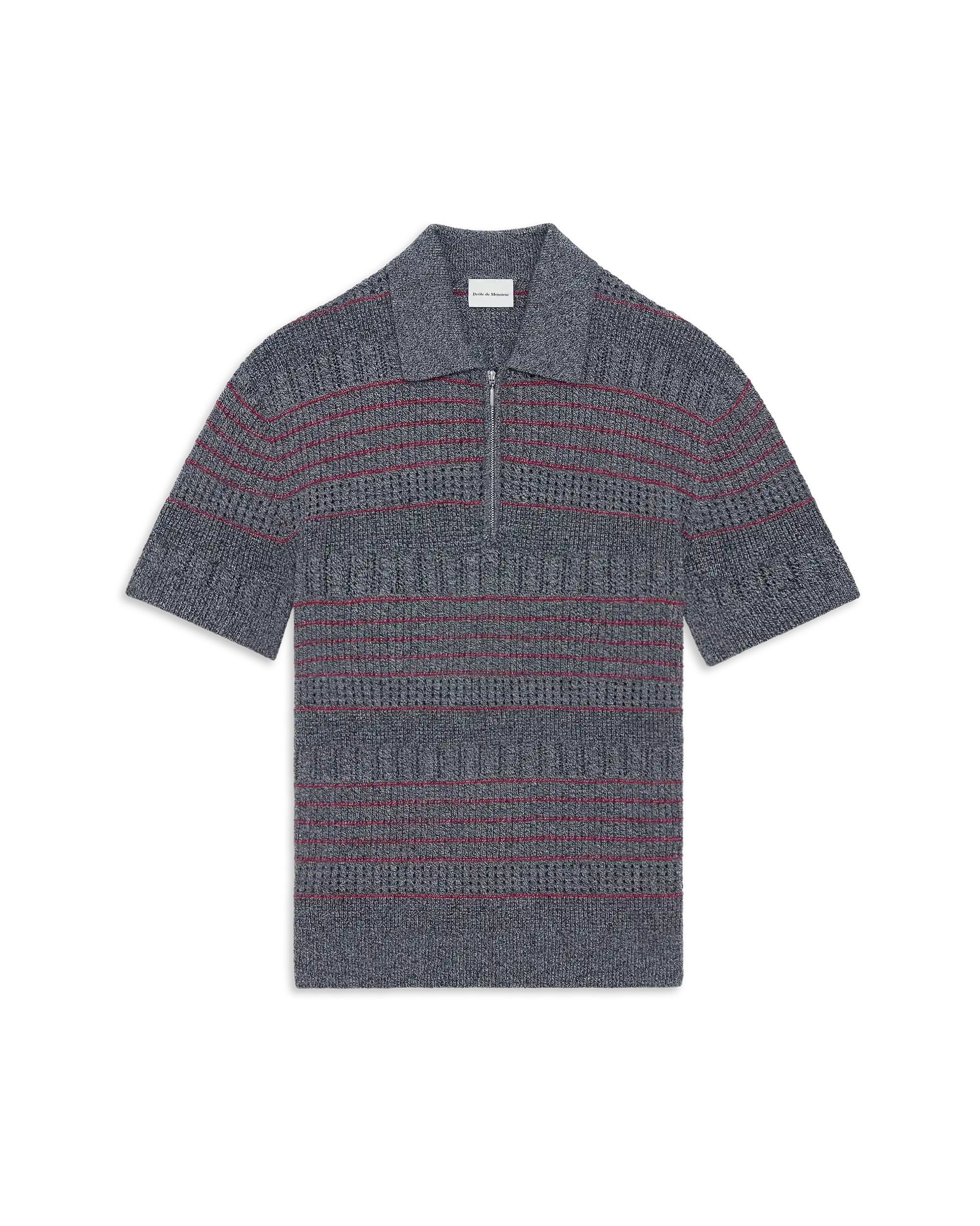 Mirrored d grey openwork knit zip-up polo shirt – Drôle de Monsieur