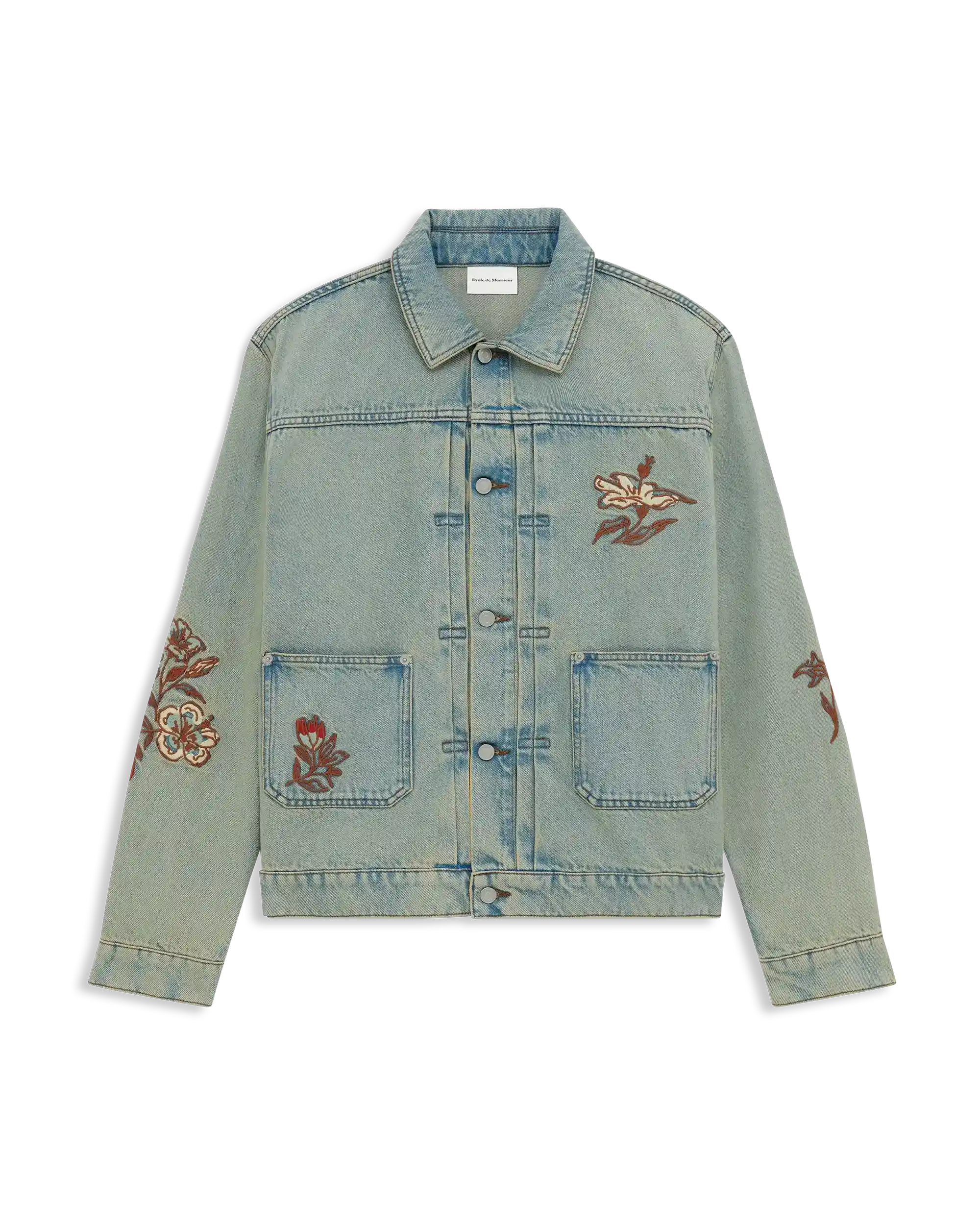 Dusty denim jacket embroidered with cotton flowers – Drôle de Monsieur