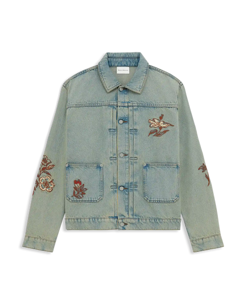 Dusty denim jacket embroidered with cotton flowers – Drôle de Monsieur